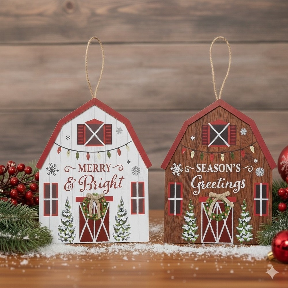 Christmas Hanging Wall Art Season's Greetings Sign Rustic Barn Holiday Light 2pk